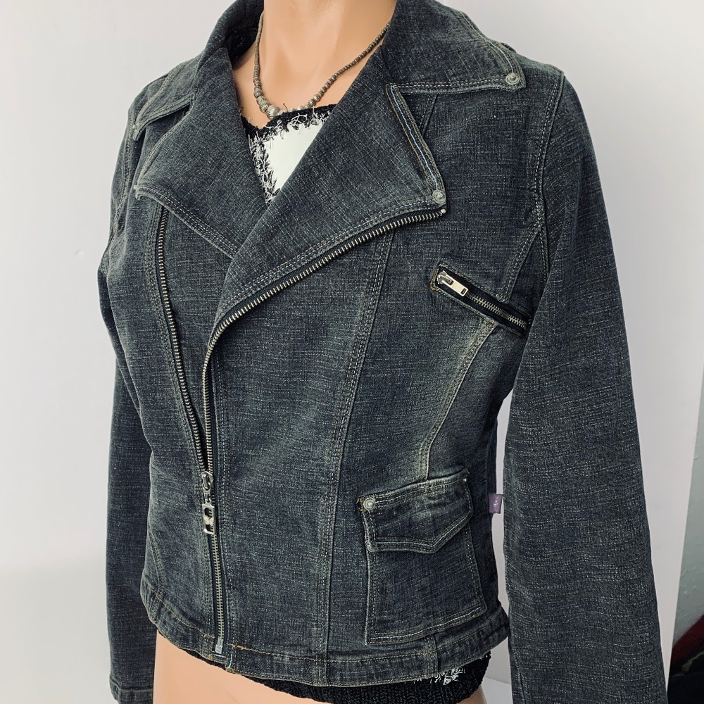 NEW LONDON Vintage 90s Jean Jacket Black Denim Blazer Zip Moto